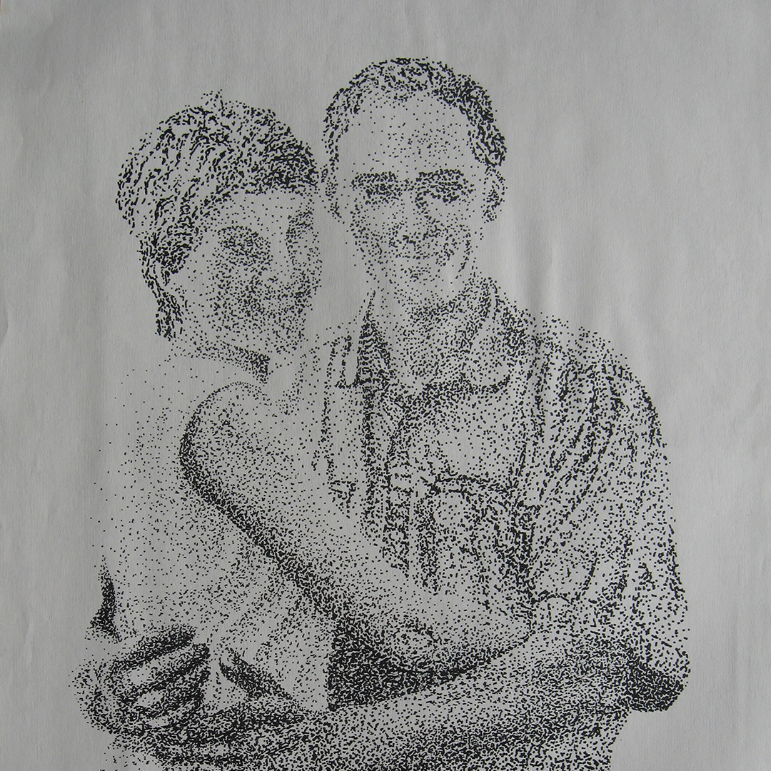 A stippled drawing of a man and a woman embracing, but looking forward.
